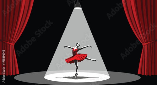Professional ballet dancer performing on theater stage under spotlight. Performing arts entertainment and classical dance industry culture concept illustration