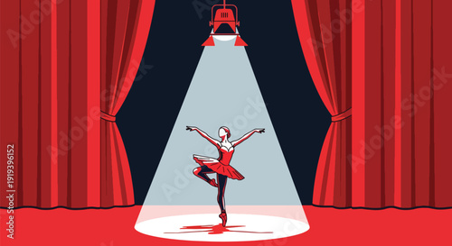 Professional ballet dancer performing on theater stage under spotlight. Performing arts entertainment and classical dance industry culture concept illustration