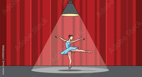 Professional ballet dancer performing on theater stage under spotlight. Performing arts entertainment and classical dance industry culture concept illustration