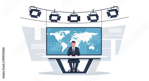 News anchor presenting program inside modern television studio with lights and camera. Broadcasting media entertainment and journalism industry concept illustration
