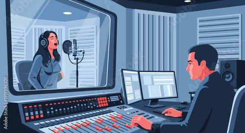 Singer recording song inside professional music studio with microphone and producer. Sound production entertainment industry and creative audio recording concept illustration