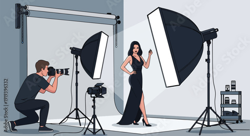 Professional photographer taking photo of model inside studio with lights and backdrop. Creative photography and media entertainment industry production concept illustration