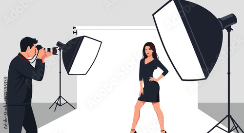 Professional photographer taking photo of model inside studio with lights and backdrop. Creative photography and media entertainment industry production concept illustration