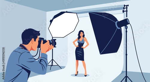 Professional photographer taking photo of model inside studio with lights and backdrop. Creative photography and media entertainment industry production concept illustration