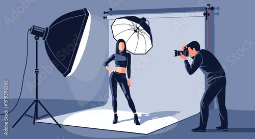 Professional photographer taking photo of model inside studio with lights and backdrop. Creative photography and media entertainment industry production concept illustration