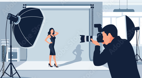 Professional photographer taking photo of model inside studio with lights and backdrop. Creative photography and media entertainment industry production concept illustration