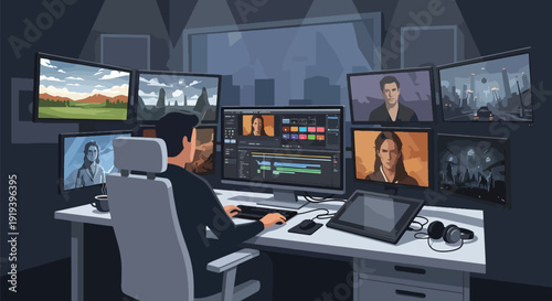 Video editor working on computer editing film footage timeline in studio. Digital media production and entertainment post production industry concept illustration