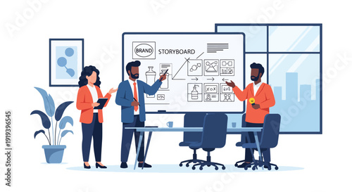 Creative team brainstorming ideas in advertising agency office with storyboard and presentation. Media entertainment and marketing production industry concept illustration