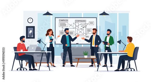Creative team brainstorming ideas in advertising agency office with storyboard and presentation. Media entertainment and marketing production industry concept illustration
