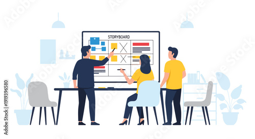 Creative team brainstorming ideas in advertising agency office with storyboard and presentation. Media entertainment and marketing production industry concept illustration