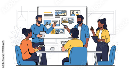 Creative team brainstorming ideas in advertising agency office with storyboard and presentation. Media entertainment and marketing production industry concept illustration