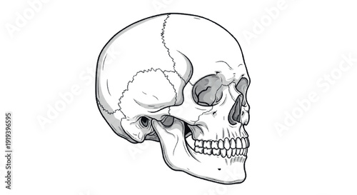 Detailed anatomical illustration of a human skull, presented in a side profile, showcasing the intricate bone structure and cranial features, ideal for educational and scientific contexts