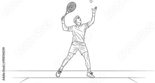Black and white line art drawing depicting a focused tennis player in athletic attire preparing to execute a powerful overhead serve motion against a simple white background during a game