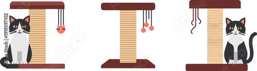 Tuxedo cat sitting on scratching posts with toys, flat design illustration