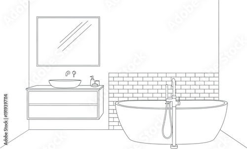 Modern bathroom interior outline sketch featuring a freestanding bathtub a wall mounted vanity with a vessel sink and a rectangular mirror above providing clean design elements