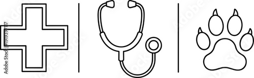 Veterinary care symbols: cross, stethoscope, and paw print on white background