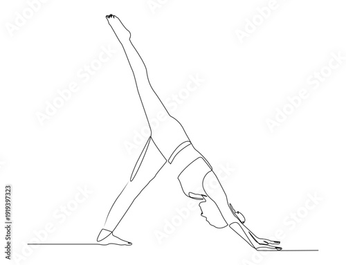 A minimalist continuous line illustration of a woman practicing a yoga stretching pose. Ideal for yoga studio branding, meditation content, fitness blogs, sports design, etc.