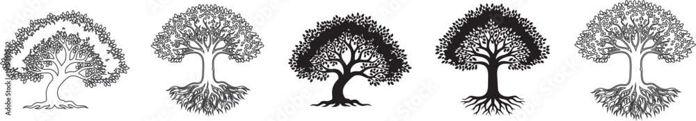 Fototapeta premium Set of trees with roots silhouette illustration Set of plant and tree roots silhouette on white background Tree silhouette icon vector illustration