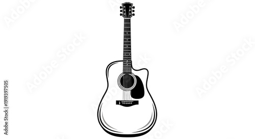 Black and white stylized acoustic guitar illustration, isolated musical instrument drawing with a hand-drawn feel, vector art