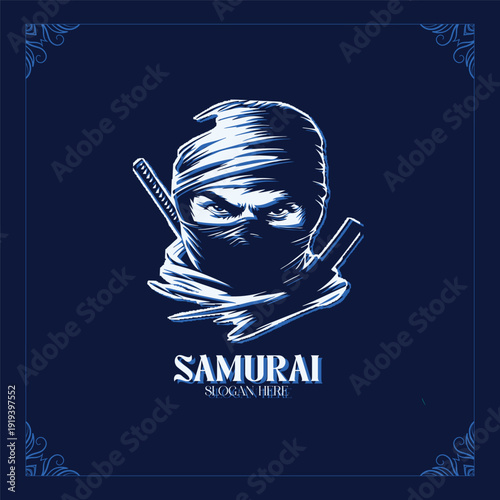 Samurai warrior head vector illustration, ninja mask and headband with swords, dark blue background. isolated on Transparent Background