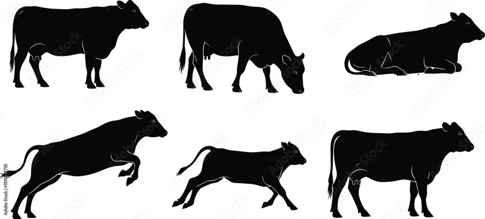 Εκτύπωση καμβά Cow silhouette set showing standing grazing running lying and walking cattle pos