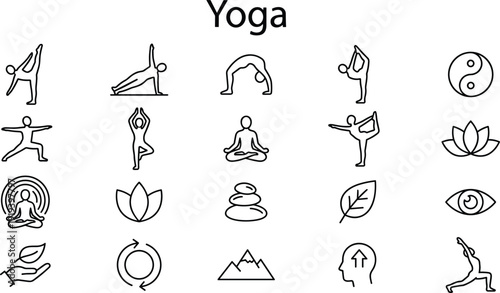 Yoga icons vector collection featuring meditation poses, lotus symbols, balance positions, mindfulness elements, and wellness outline illustrations set