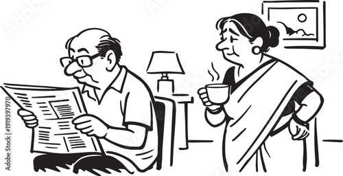 Elderly Indian couple reading and drinking coffee in living room isolated on Transparent Background