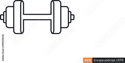 Simple black and white line art icon representing a classic adjustable dumbbell used for strength training and building muscular physique in a fitness setting