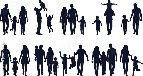 Family silhouettes icons set with parents and children walking playing together vector illustration collection for parenting and lifestyle design