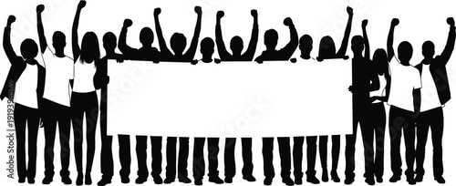 Protest silhouette vector, people holding banner, raised hands, unity crowd, black figures, demonstration pose, minimal design, social movement, activism icon