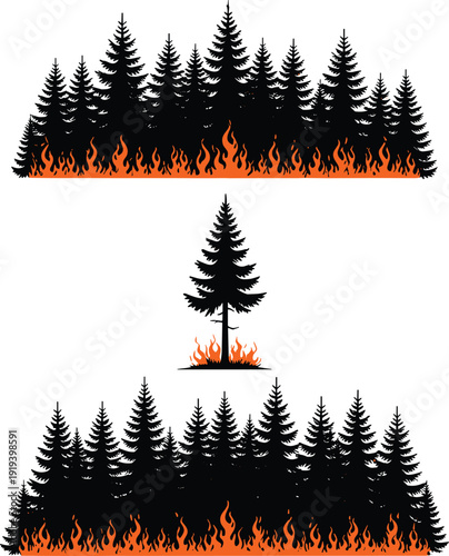 Forest wildfire silhouette illustration, burning pine trees landscape, fire flames disaster scene, environmental damage vector graphic isolated design element