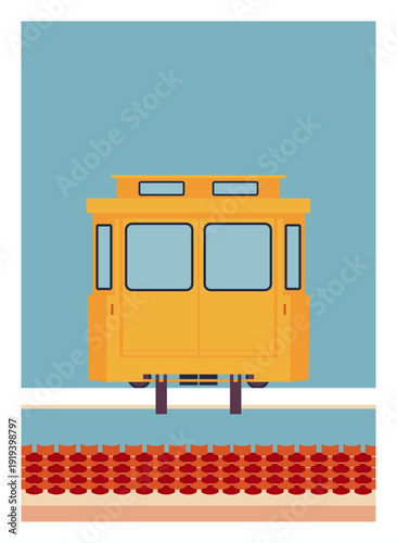 Flat vector illustration of a yellow funicular railway cabin in summer. Minimalist travel poster. Concept of tourism, city sightseeing, mountain transport and summer vacations.