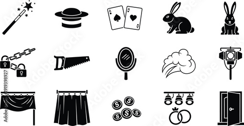 A collection of black and white icons representing various elements of magic shows and illusions.
