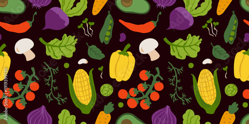 Seamless vegetable pattern with corn, peppers, tomatoes, mushrooms, eggplant, avocado and herbs on dark background. Great for kitchen textiles, packaging, wallpaper, wrapping and branding, labels too.
