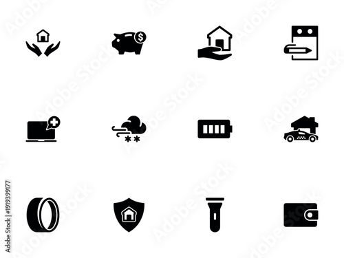 Set of Solid Glyph Icons Covering Finance Security Weather and Home Services