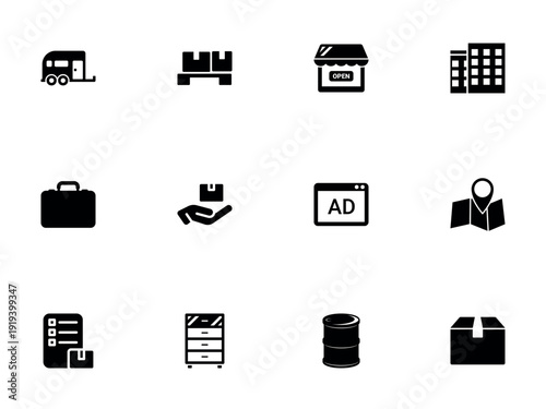 Set of Solid Black Icons Representing Logistics Commerce and Business Operations