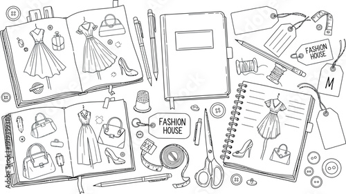 Collection of black and white fashion design sketches featuring dresses handbags shoes buttons tags and various sewing tools scattered across a creative workspace layout.