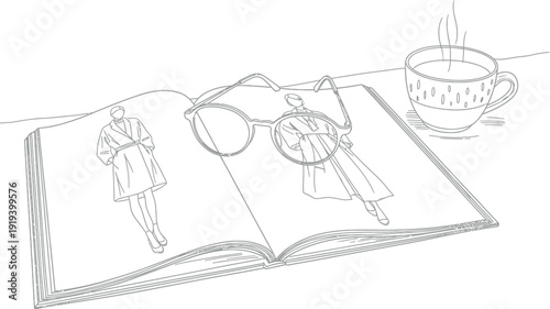 Stylish reading eyeglasses rest upon an open fashion design magazine showcasing detailed clothing illustrations alongside a steaming cup of coffee.