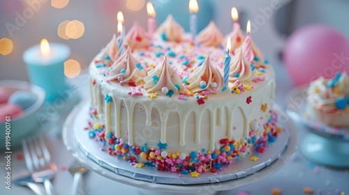 A bright cake with flickering candles, decorated with cream and colourful sprinkles, will be the centrepiece of the festive table at a birthday or anniversary party.