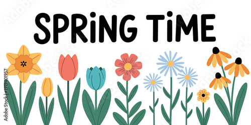 Colorful illustration of spring flowers and SPRING TiME text on white background