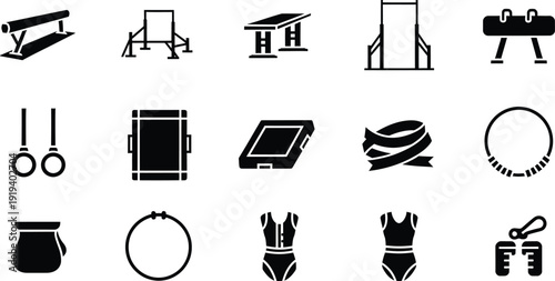 A collection of black and white icons representing various equipment and apparel used in gymnastics