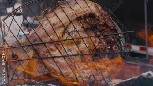 Grilled Fish on Charcoal Grill – Fresh Seafood BBQ Cooking Close Up
