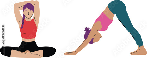 Woman practicing yoga poses illustration showing meditation stretching and downward dog exercise for fitness wellness and healthy lifestyle on white background