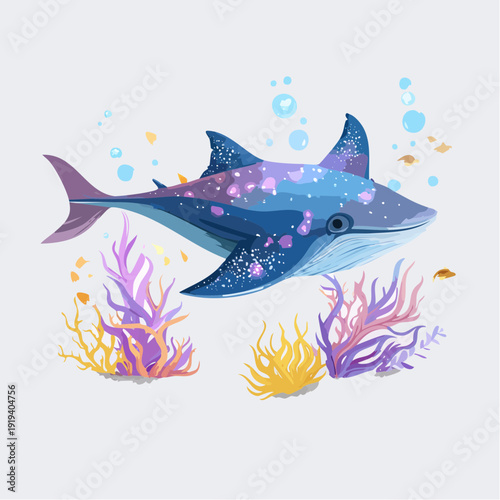 Whale shark swimming in a coral reef ecosystem with bubbles