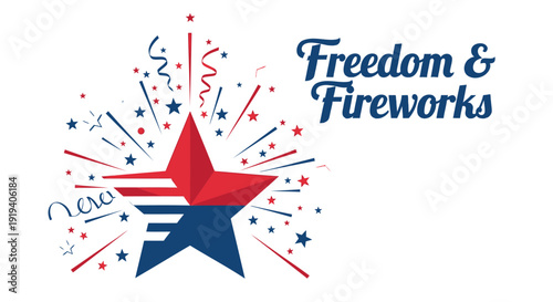 Patriotic icon with freedom and fireworks theme, star and explosion design. Created in colorful style with red, white, and blue palette.