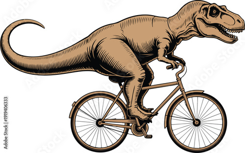 A vintage-style engraving illustration of a T-Rex dinosaur riding a bicycle.