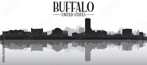 Black and white panoramic poster of the city skyline with misty background buildings and water reflection of BUFFALO, UNITED STATES
