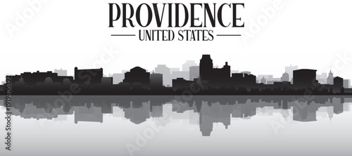 Black and white panoramic poster of the city skyline with misty background buildings and water reflection of PROVIDENCE, UNITED STATES