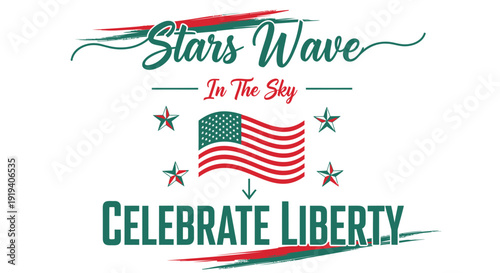 Patriotic stars and American flag design celebrating liberty, stars wave in the sky. Created in illustrative style with red, white, and blue palette.