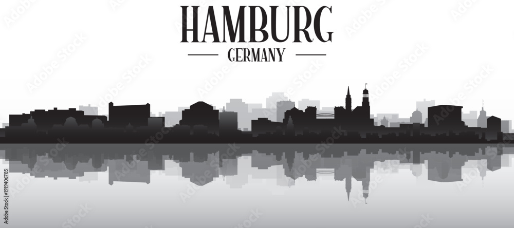 Fototapeta premium Black and white panoramic poster of the city skyline with misty background buildings and water reflection of HAMBURG, GERMANY